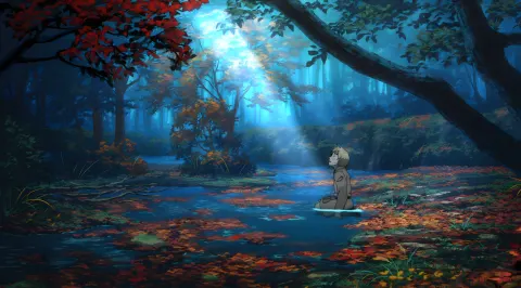 Personagem em floresta outonal