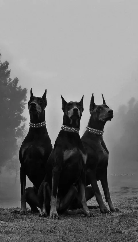 Três cães Doberman em preto e branco
