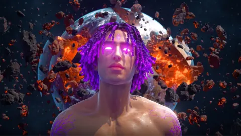 Personagem futurista com olhos brilhantes no espaço