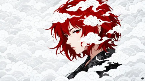 Personagem de anime com cabelos vermelhos e nuvens